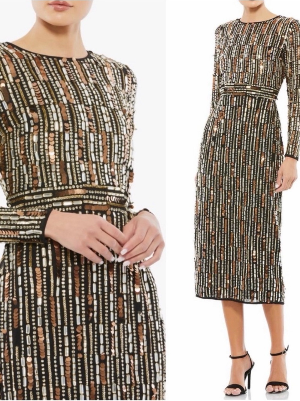 Mac Duggal Black Metallic Sequin Midi Dress